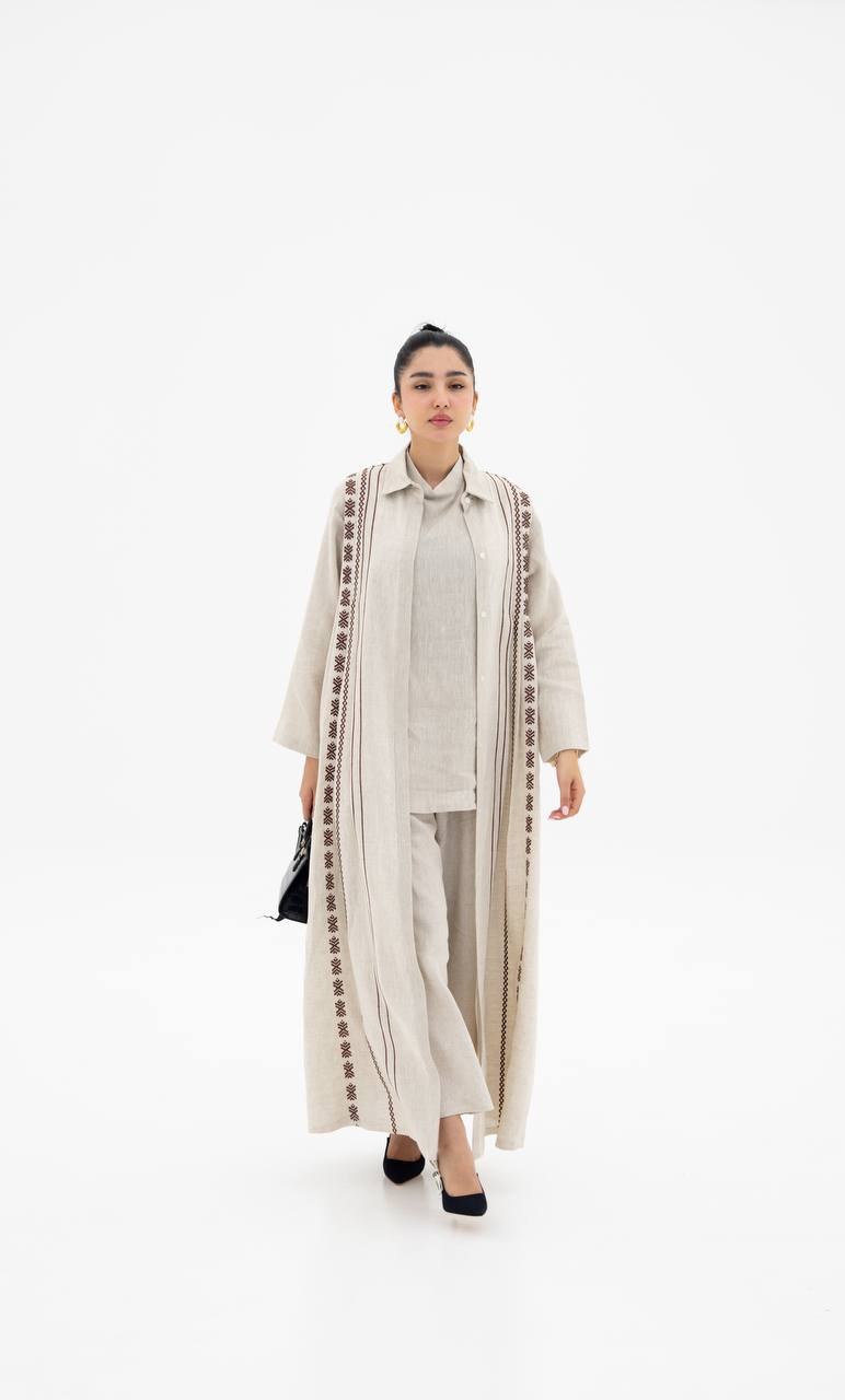 Beige linen abaya with embroidery (1924)