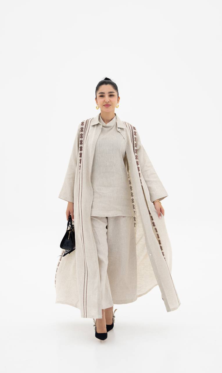 Beige linen abaya with embroidery (1924)