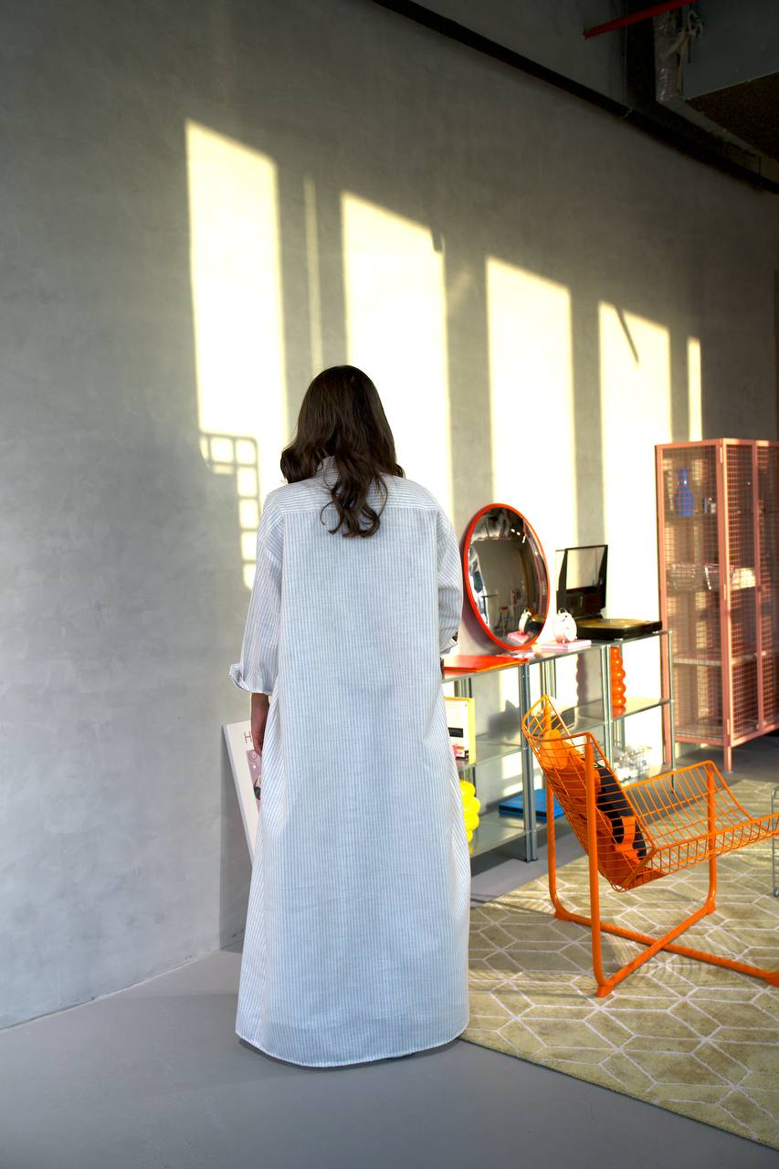 White Linen Abaya with Beige Stripes-free size