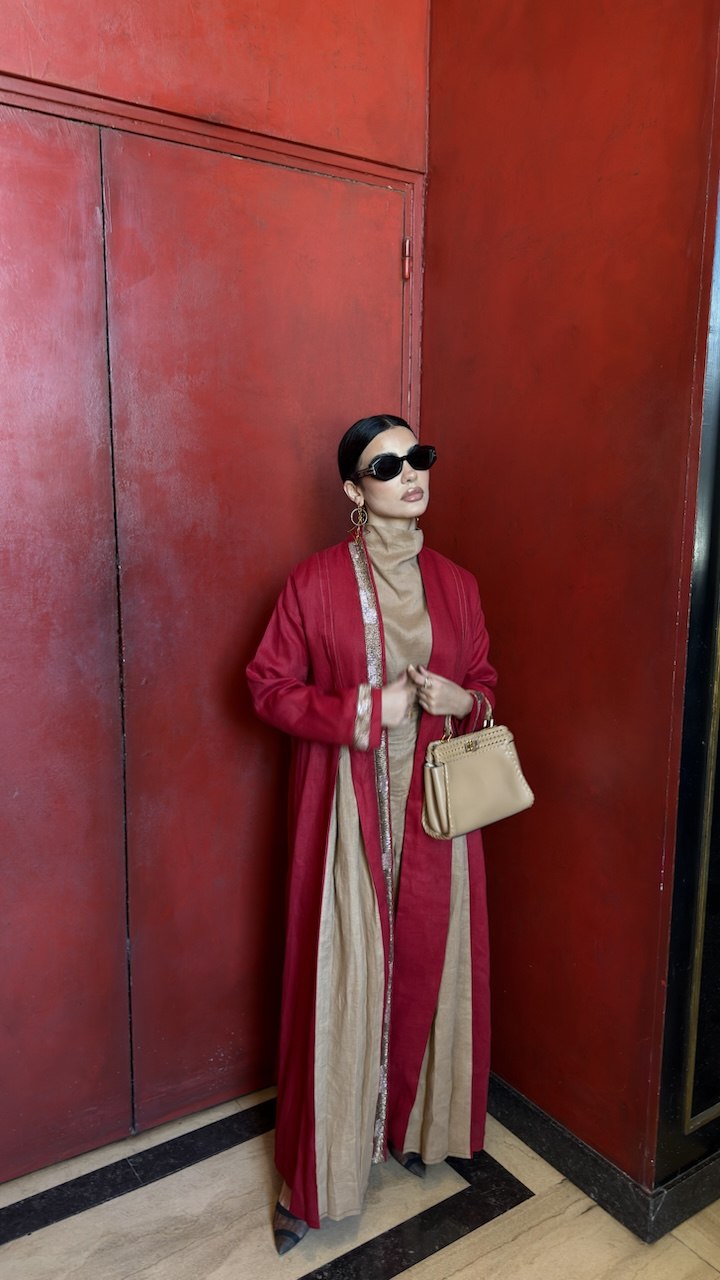 Cherry red linen abaya with beige trim-2032