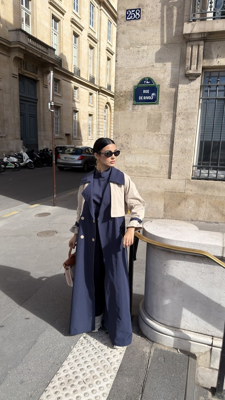 Navy blue trench coat abaya with beige detailing-2035