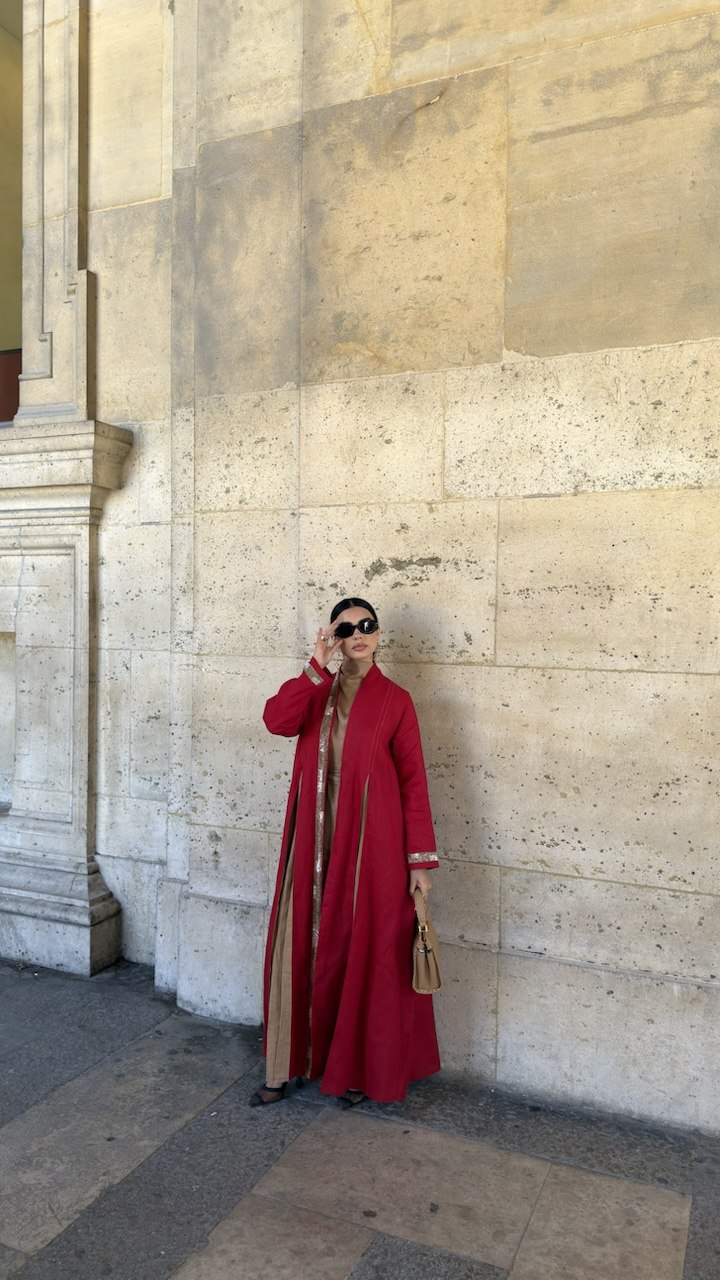Cherry red linen abaya with beige trim-2032