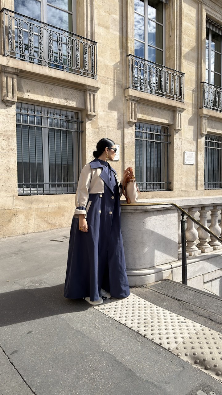 Navy blue trench coat abaya with beige detailing-2035