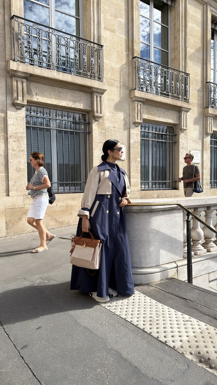 Navy blue trench coat abaya with beige detailing-2035