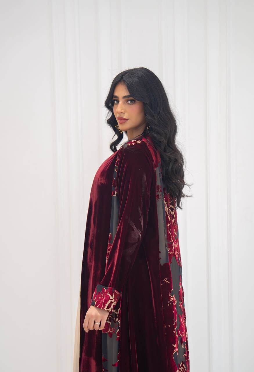 Burgundy velvet abaya