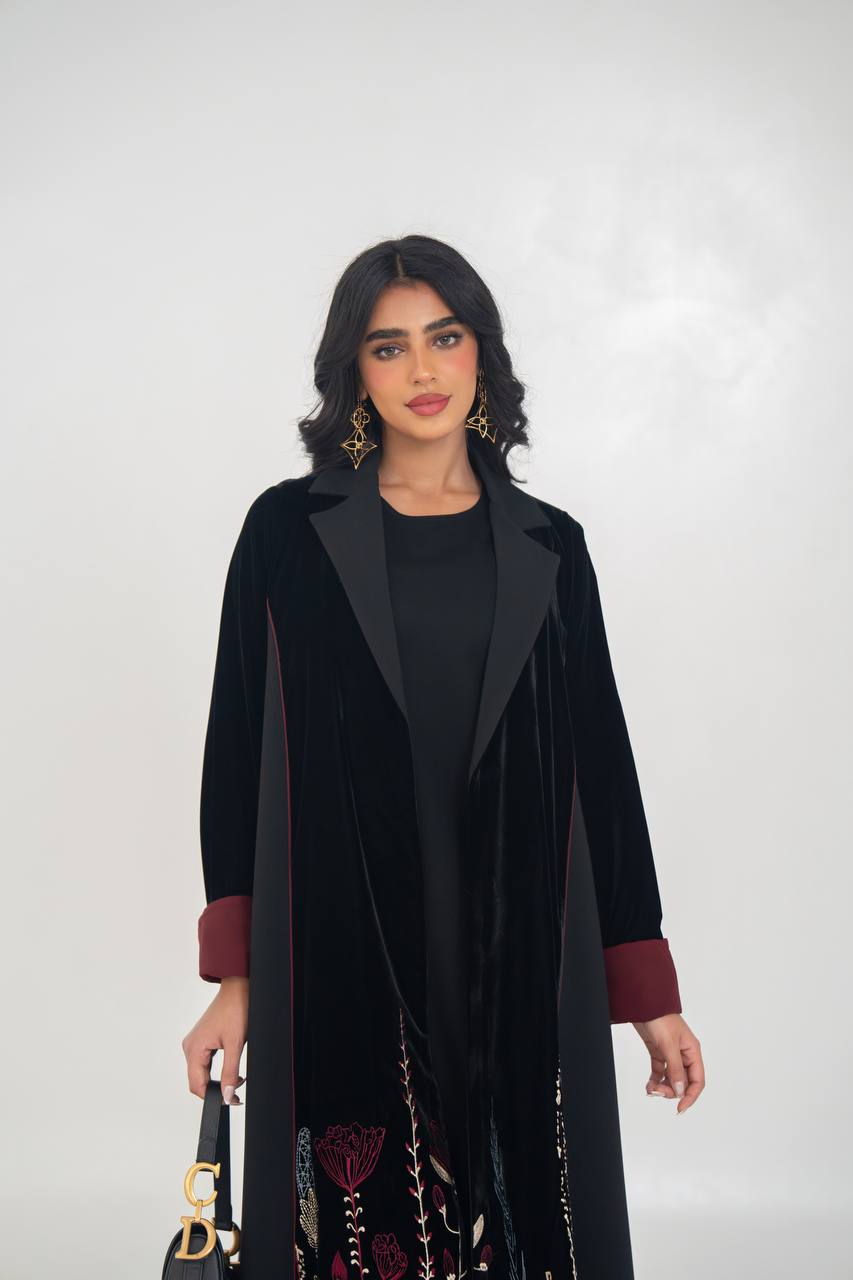 Black velvet blazer abaya with embroider
