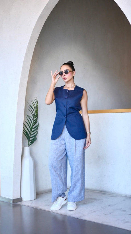 Navy Vest & blue denim Linen Pants Set-2029