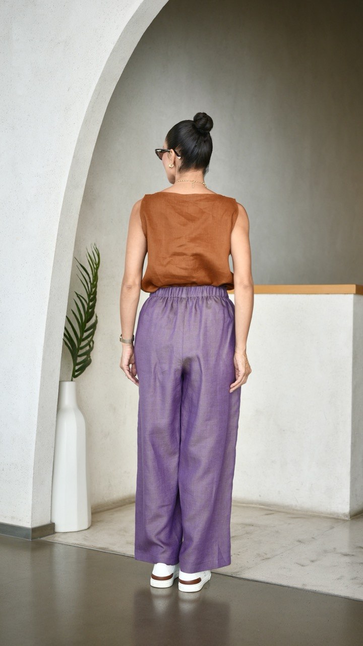 Camel Linen Blouse & purple Pants Set