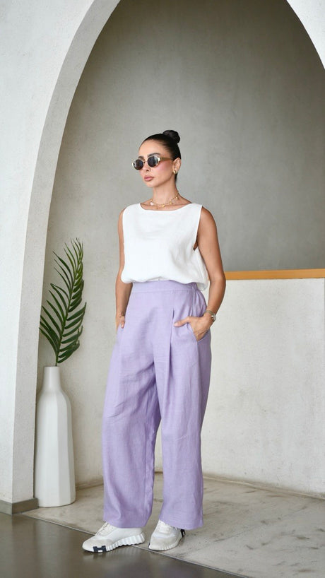 White Linen Top with purple Linen Pants Set