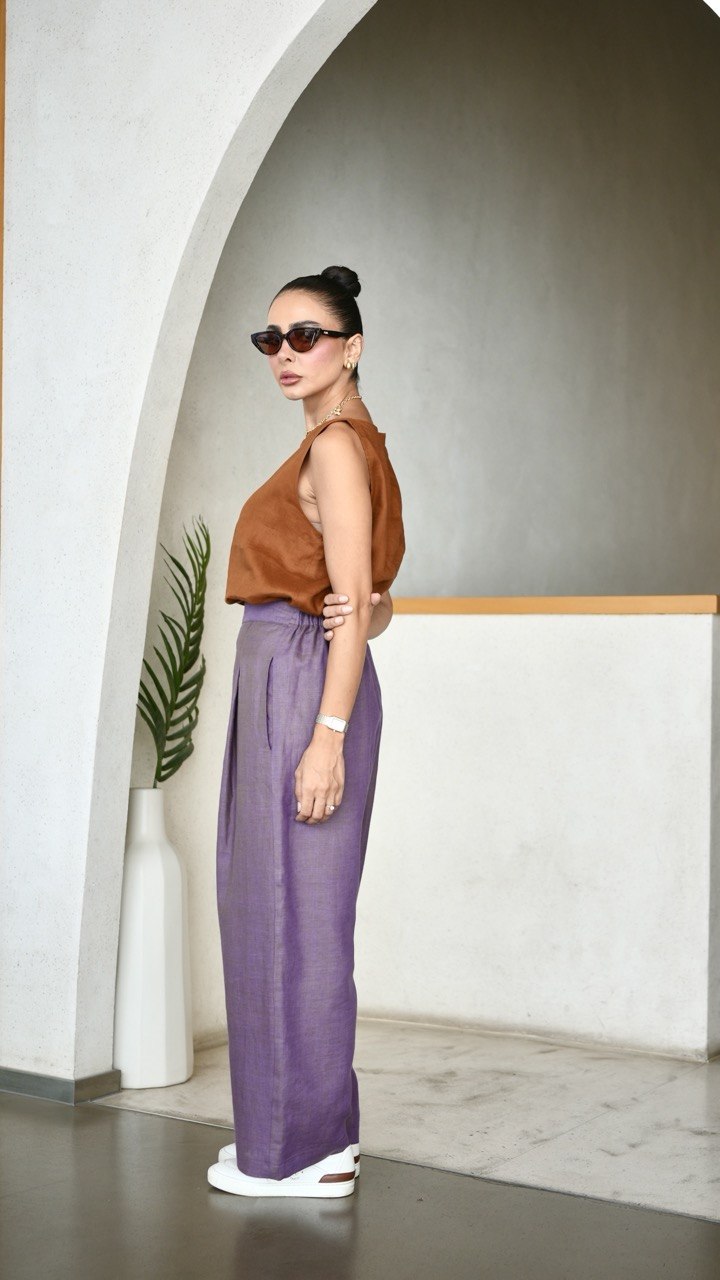 Camel Linen Blouse & purple Pants Set