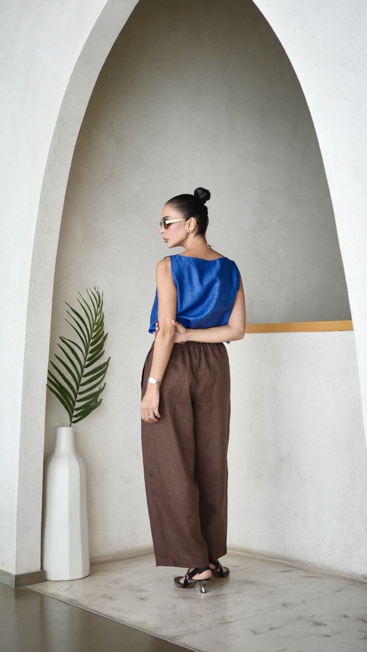 Blue Linen Blouse & brown Pants Set