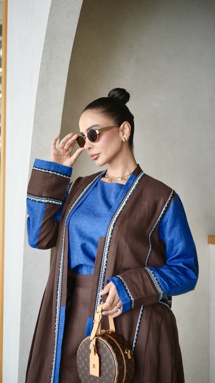 Brown and Blue linen Abaya