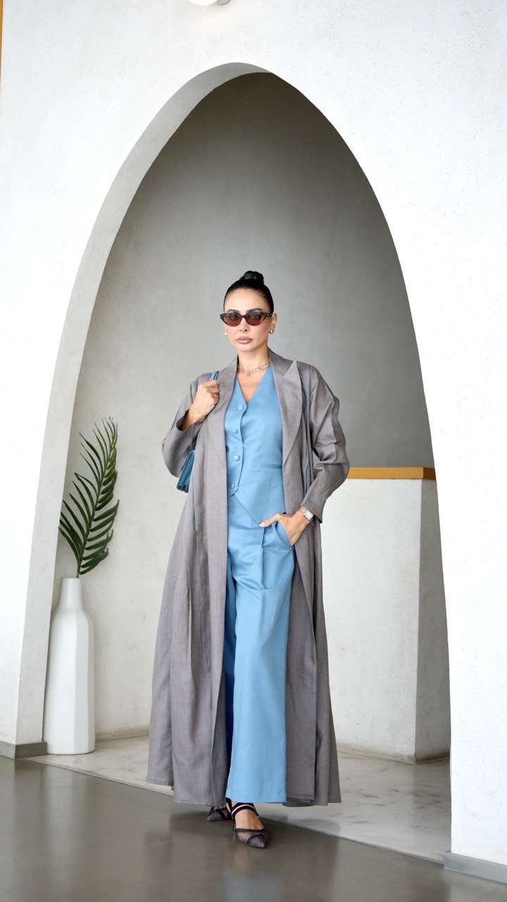 Beige Linen Abaya with Blue Trim