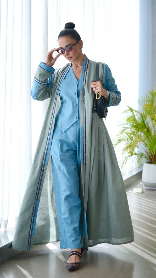 Light Green Linen Abaya with Blue Trim