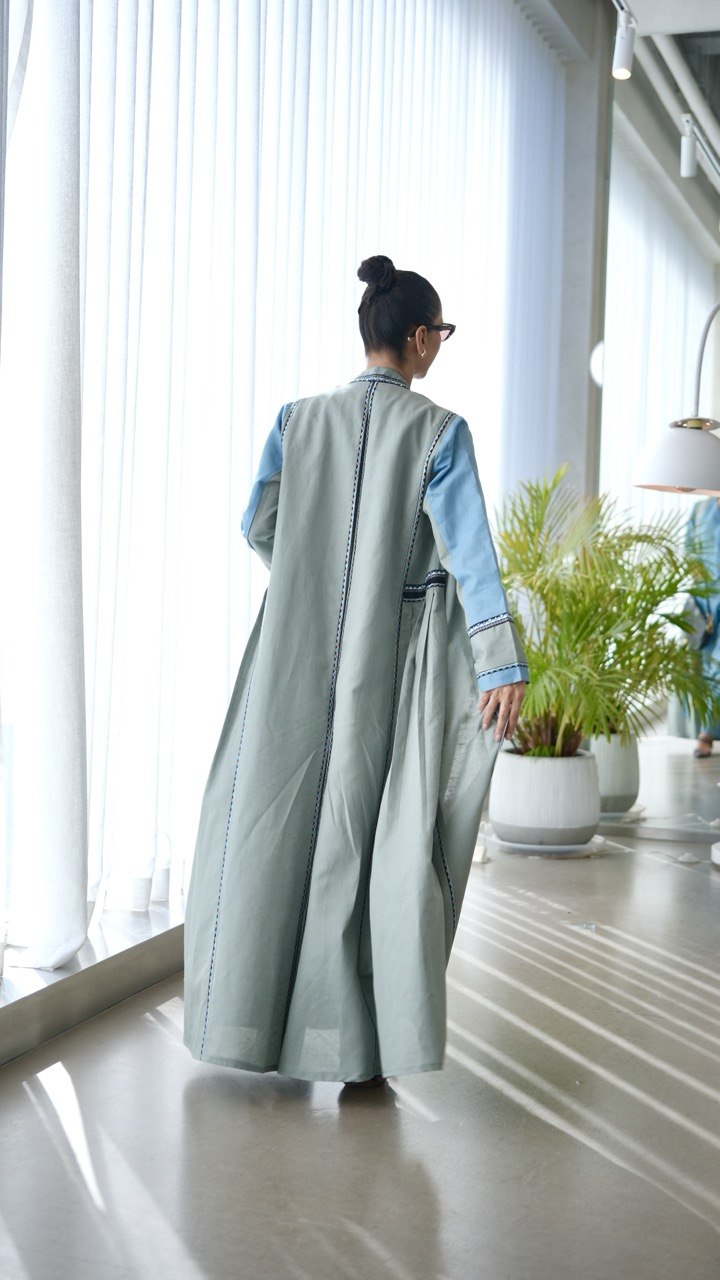 Light Green Linen Abaya with Blue Trim