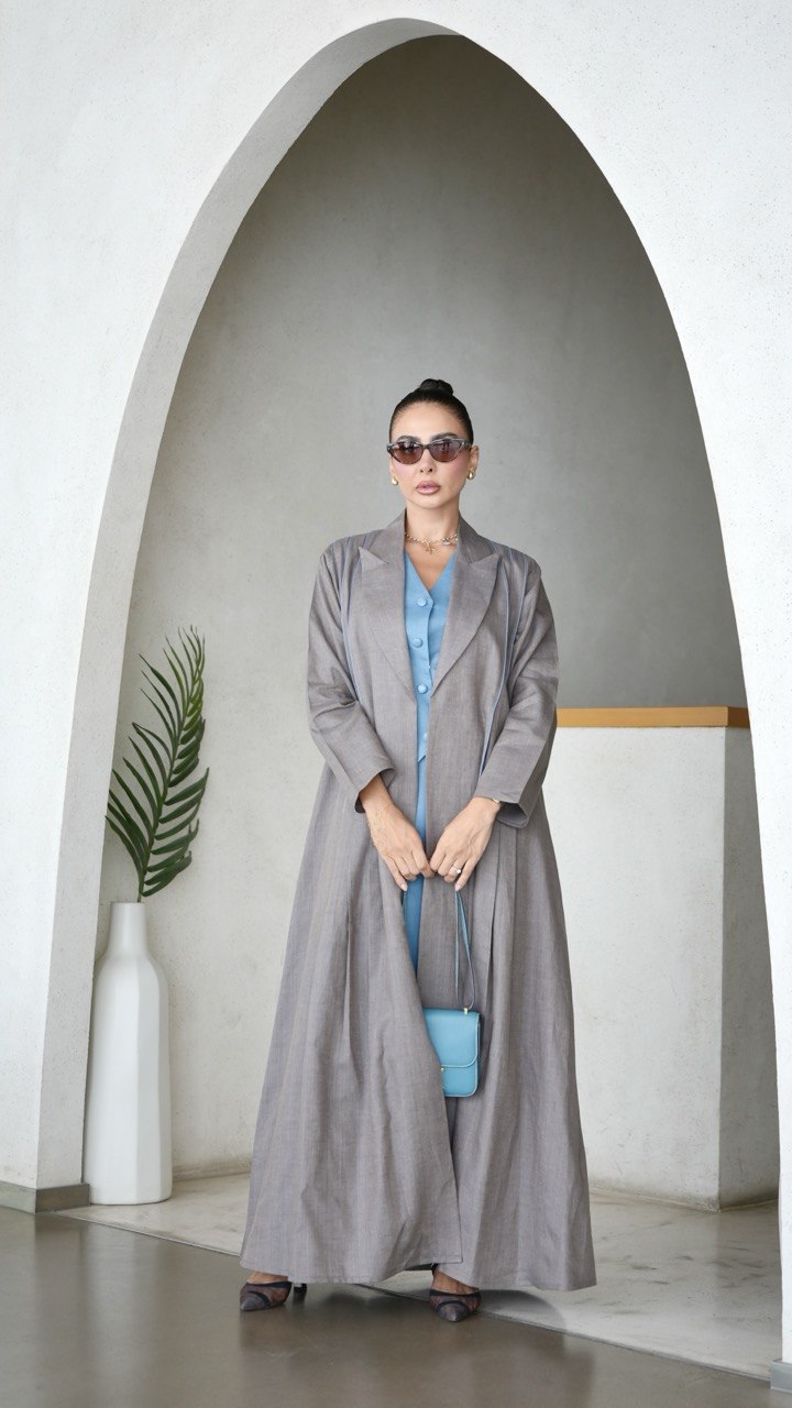 Beige Linen Abaya with Blue Trim
