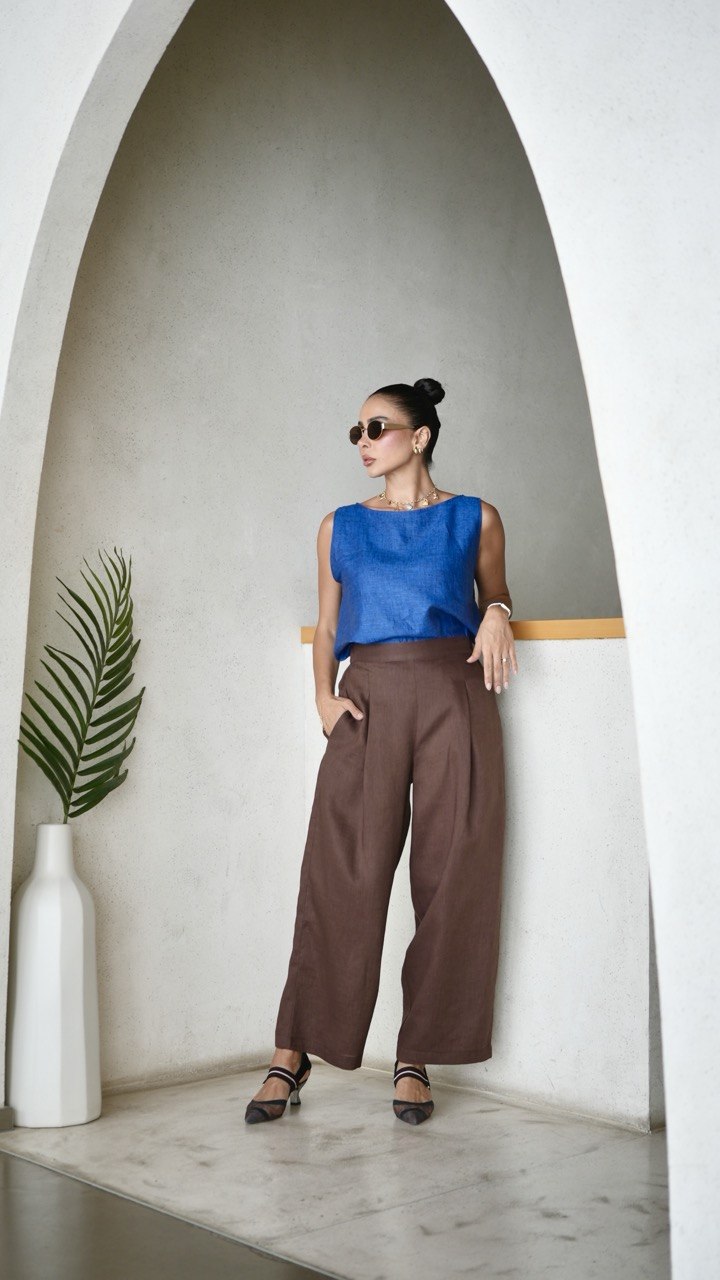 Blue Linen Blouse & brown Pants Set