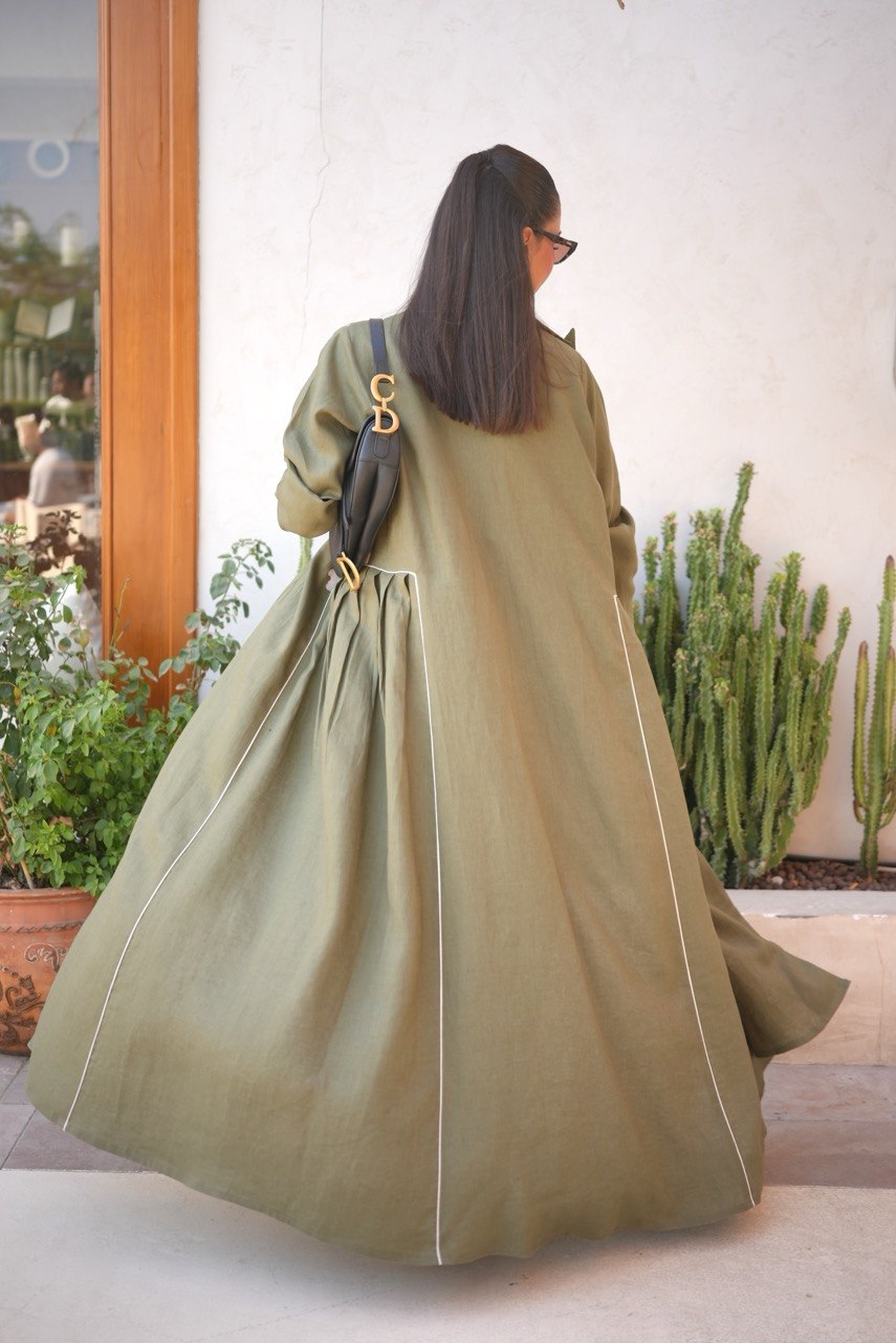 Olive green Linen Abaya with Embroidery