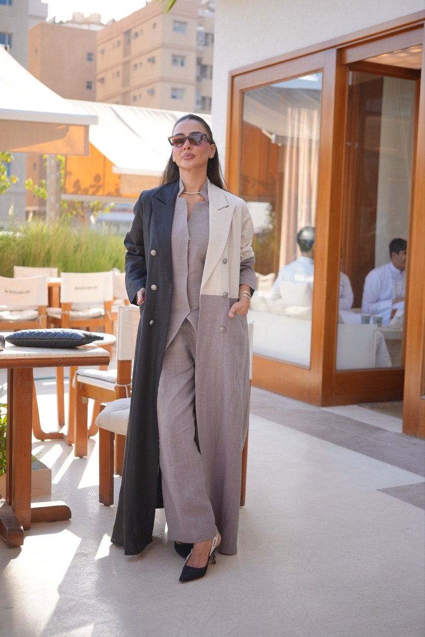 Beige & Black Linen blazer Abaya