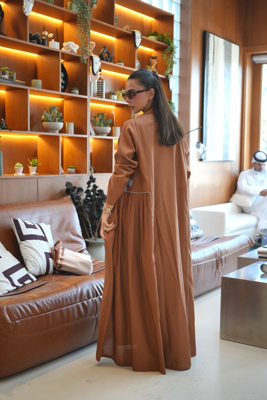 Camel Linen Abaya with Blue Embroidery