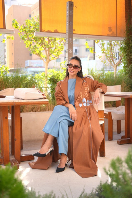 Camel Linen Abaya with Blue Embroidery