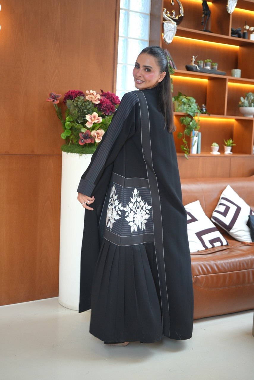 Black Crepe Abaya with Off-White Embroidery