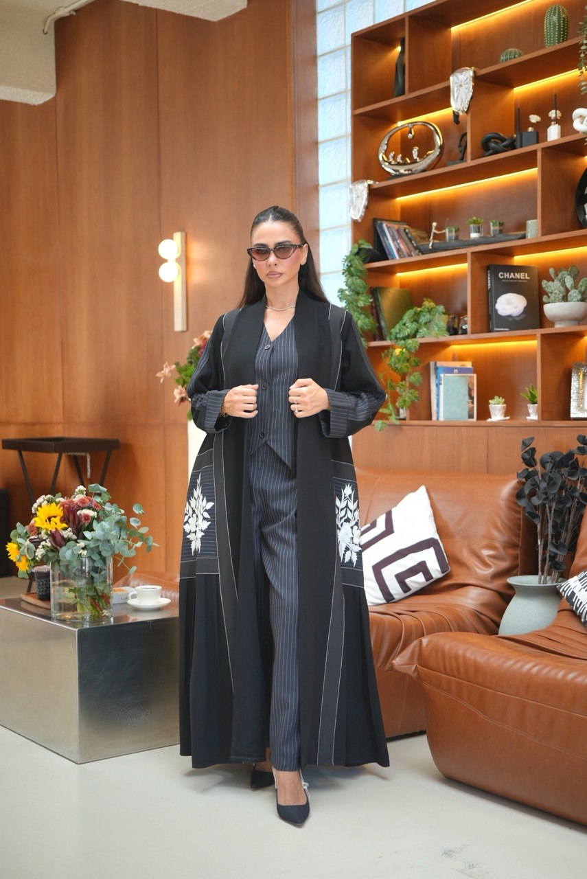 Black Crepe Abaya with Off-White Embroidery