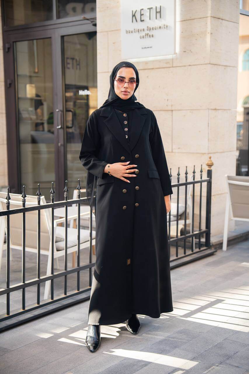 Black crepe blazer abaya with pleated cloche