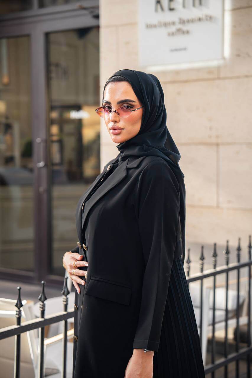 Black crepe blazer abaya with pleated cloche