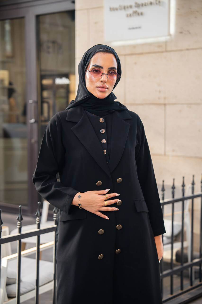 Black crepe blazer abaya with pleated cloche
