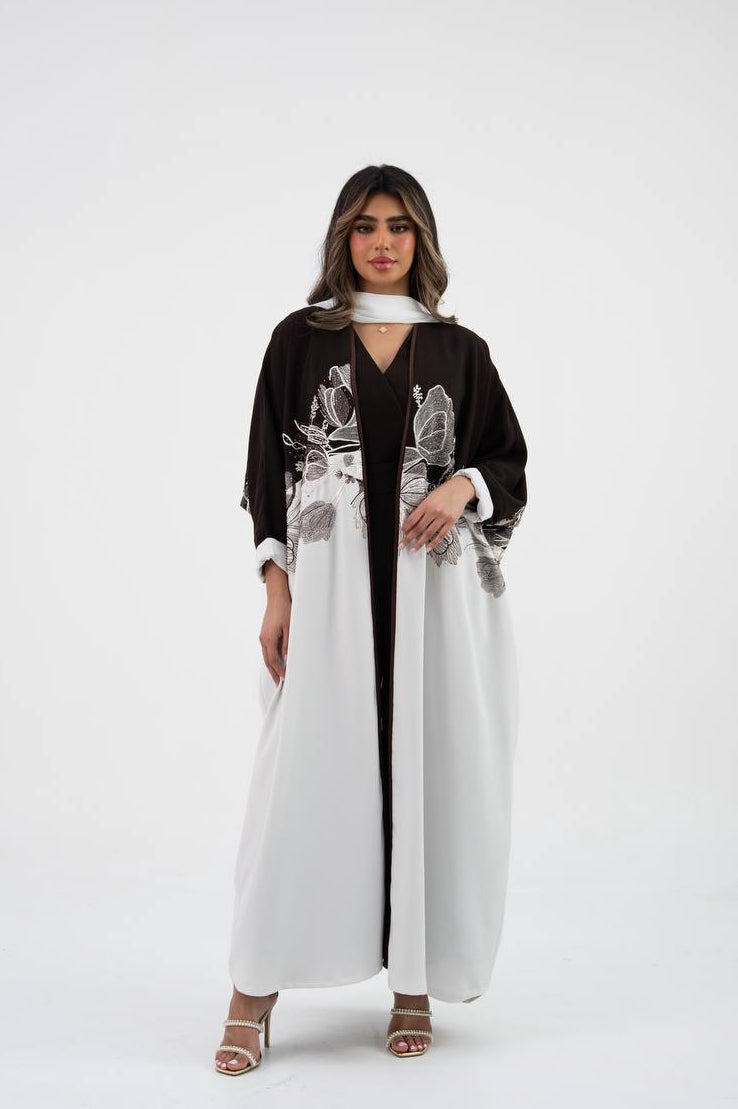 A crepe bisht abaya with embroidery