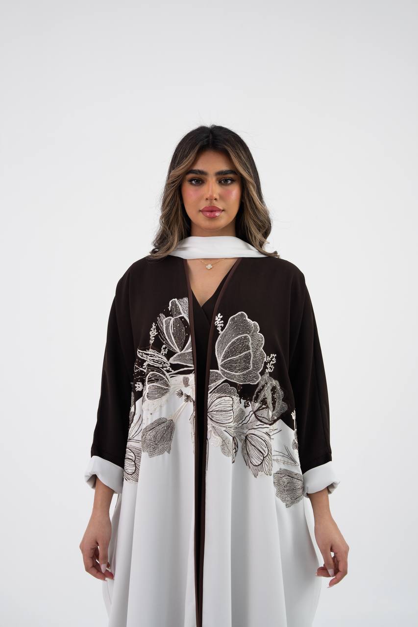 A crepe bisht abaya with embroidery