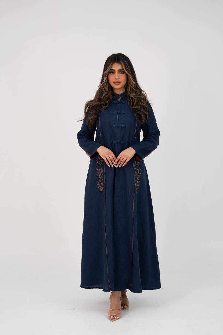Linen abaya in navy blue with hand-stitched detail