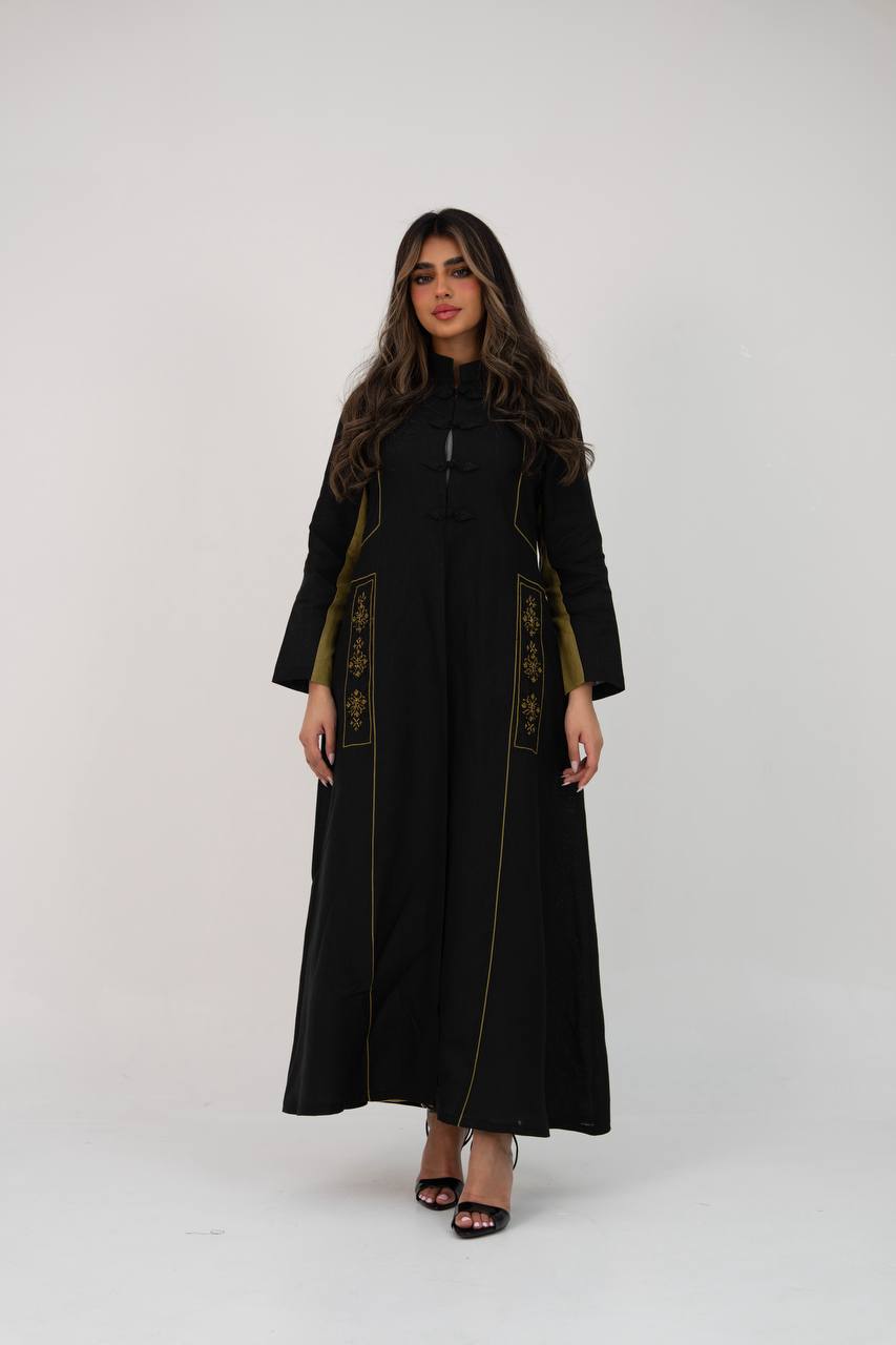 Linen abaya in black with hand embroidery
