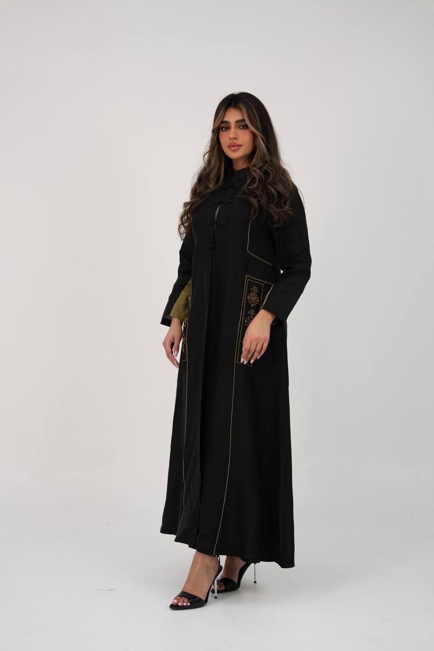 Linen abaya in black with hand embroidery