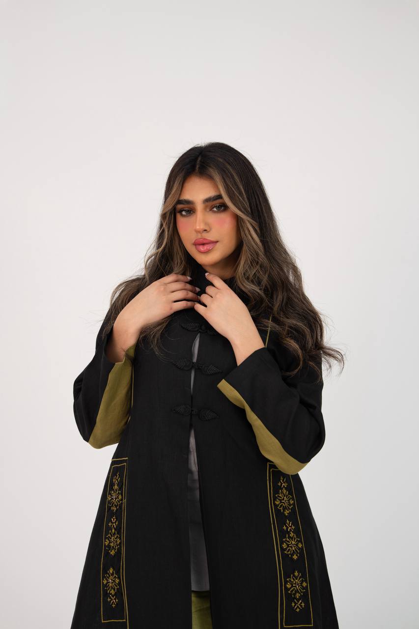 Linen abaya in black with hand embroidery
