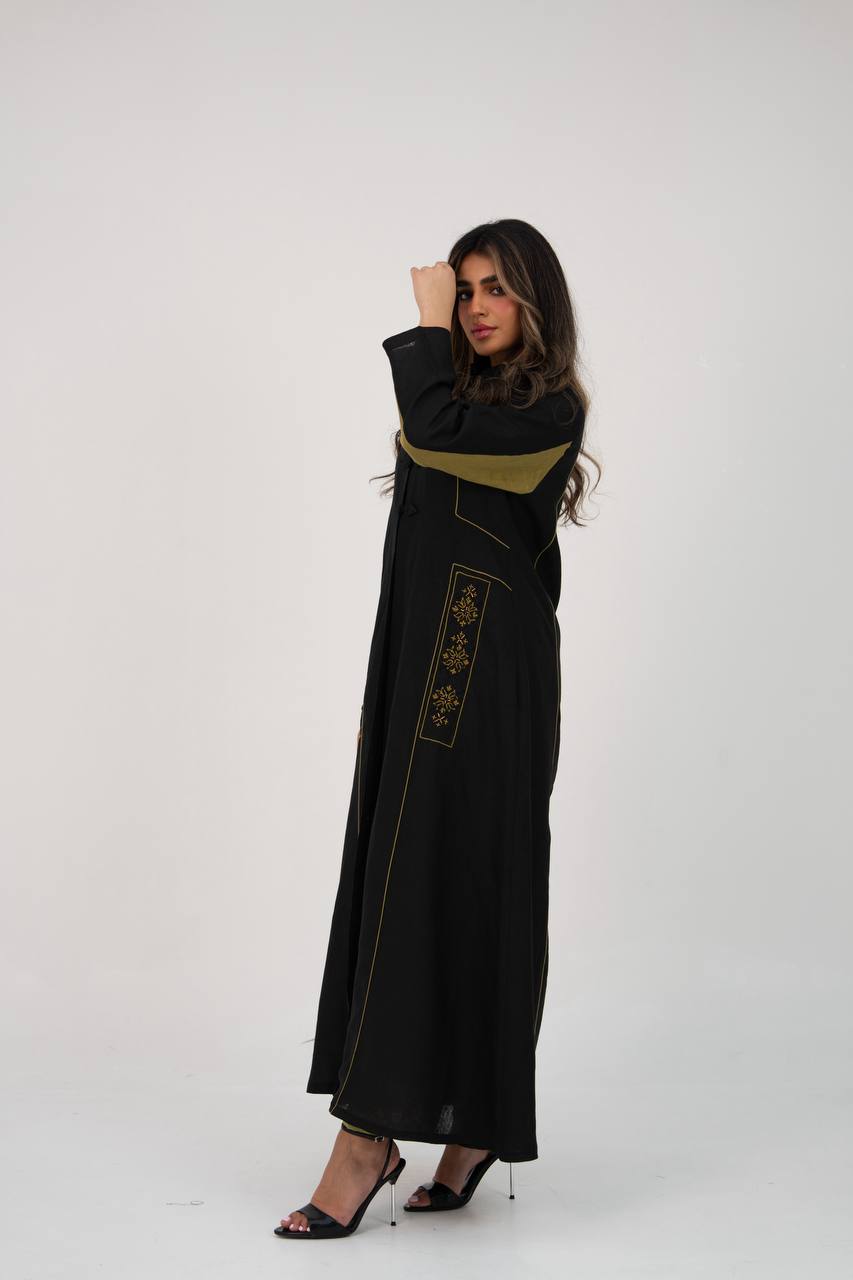 Linen abaya in black with hand embroidery
