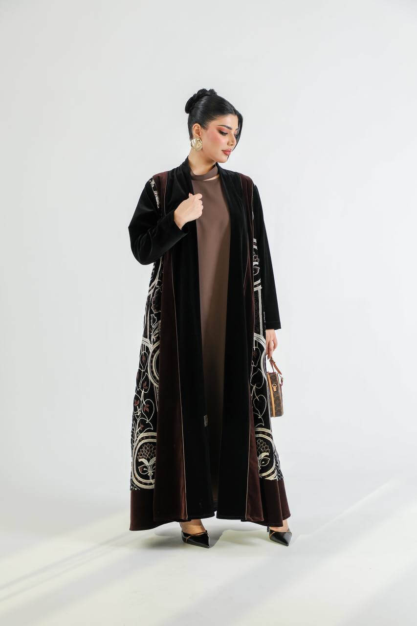 Black and brown velvet abaya with embroider