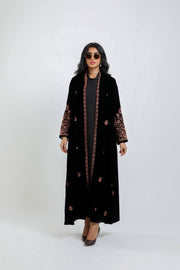Black velvet abaya with orange embroider
