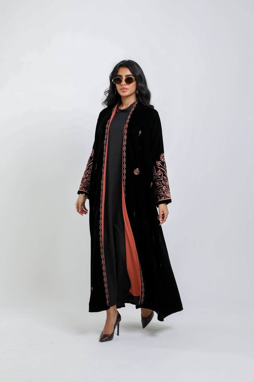 Black velvet abaya with orange embroider