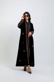 Black velvet abaya with orange embroider
