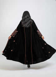 Black velvet abaya with orange embroider