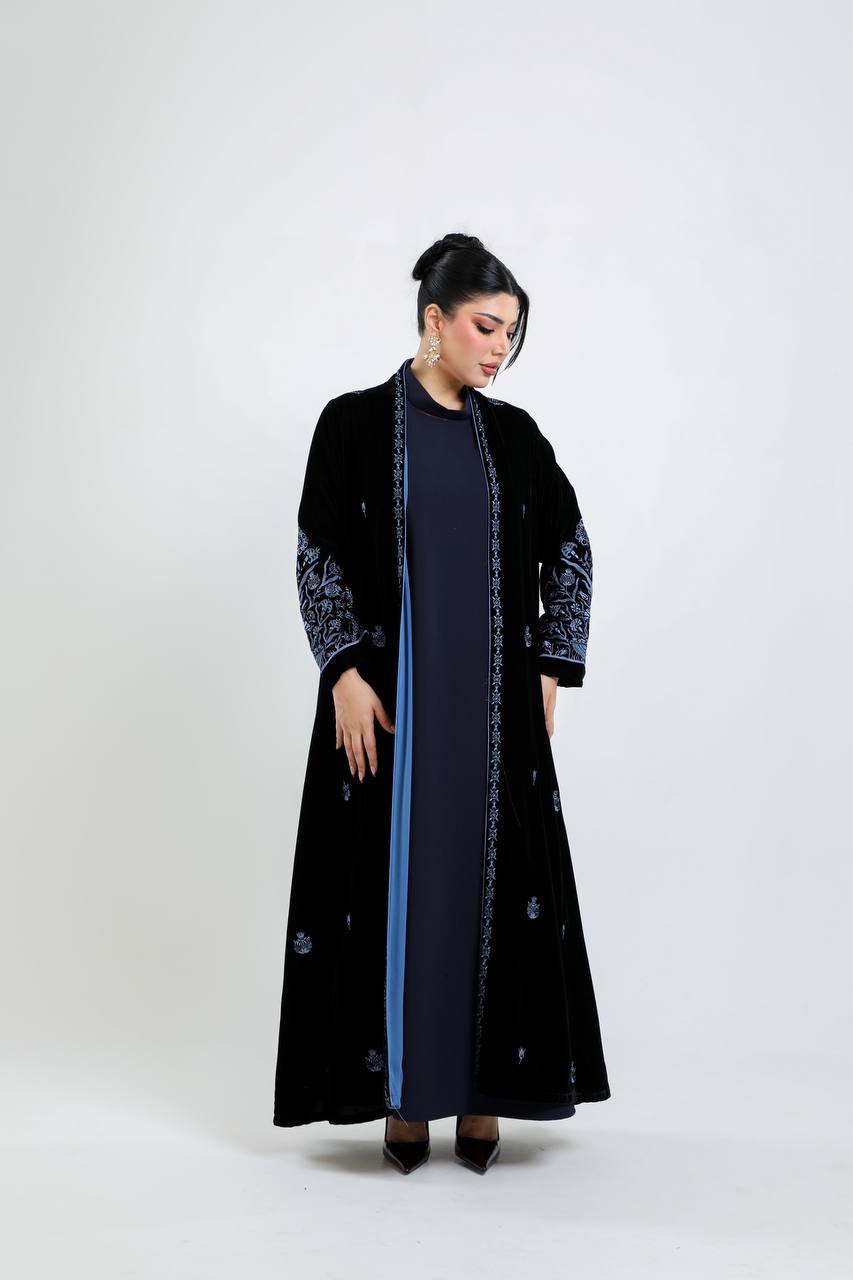 Black velvet abaya with blue embroider