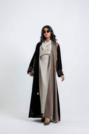 A velvet abaya in brown and beige with hand embroidery