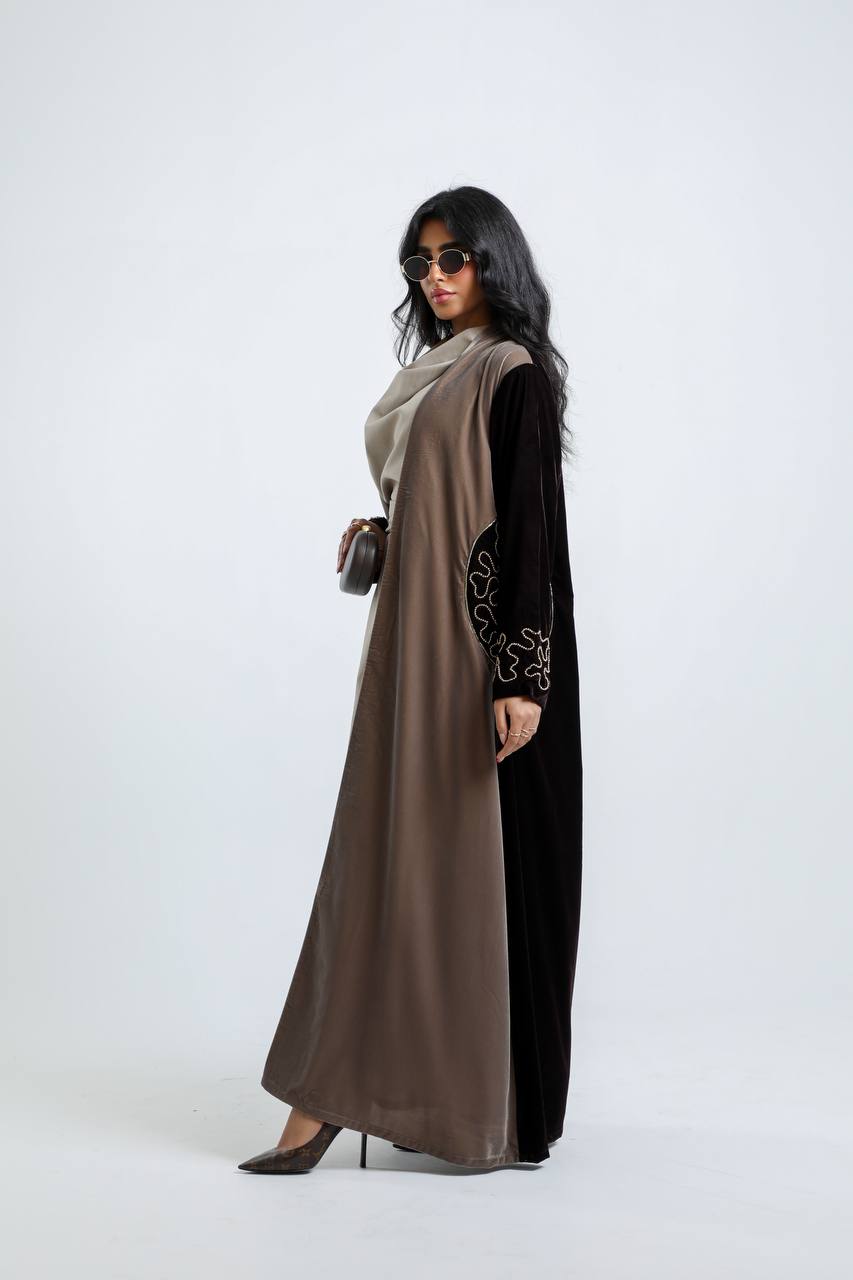 A velvet abaya in brown and beige with hand embroidery