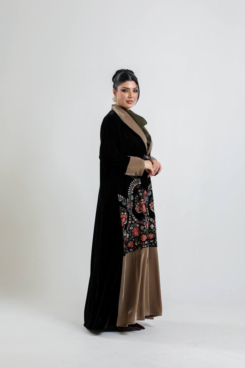 Black velvet blazer abaya with embroider