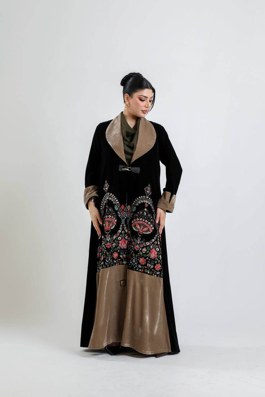 Black velvet blazer abaya with embroider
