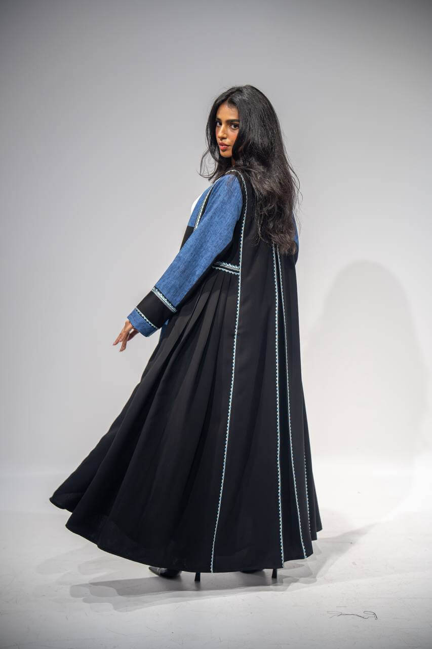 Black crepe abaya with blue linen with embroidery
