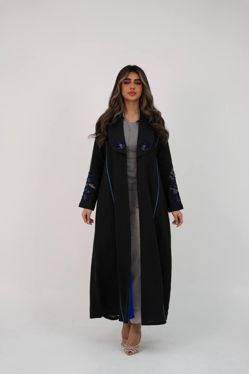 Black linen trench coat with hand embroidery and beading
