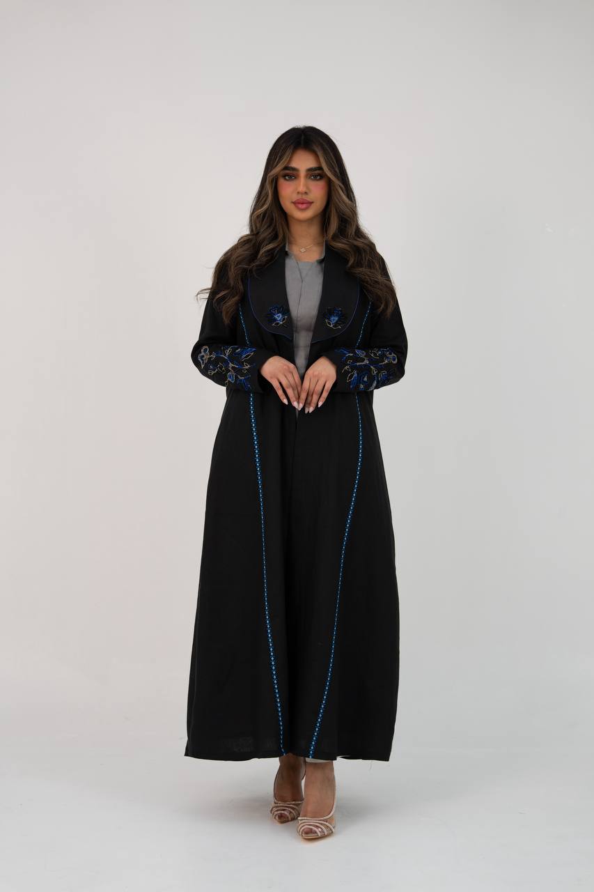 Black linen trench coat with hand embroidery and beading
